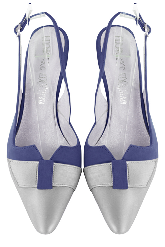 Light silver and prussian blue women's open back shoes, with a knot. Tapered toe. High slim heel. Top view - Florence KOOIJMAN